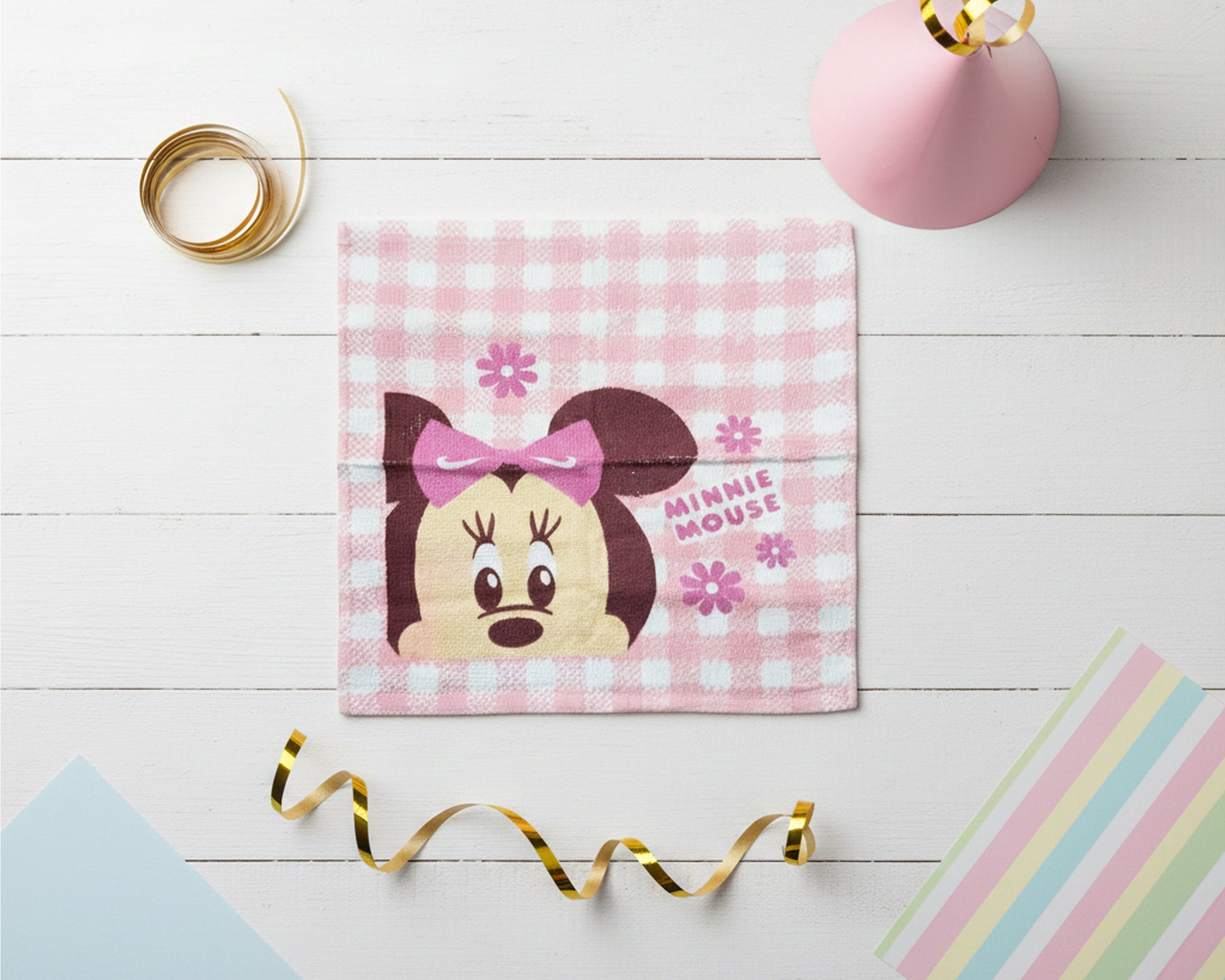 pink and white checkered handkerchief with character and flowers