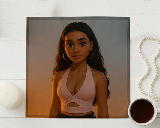 Animated character with a beard and white shirt on a wooden surface with a cup of coffee and necklace.