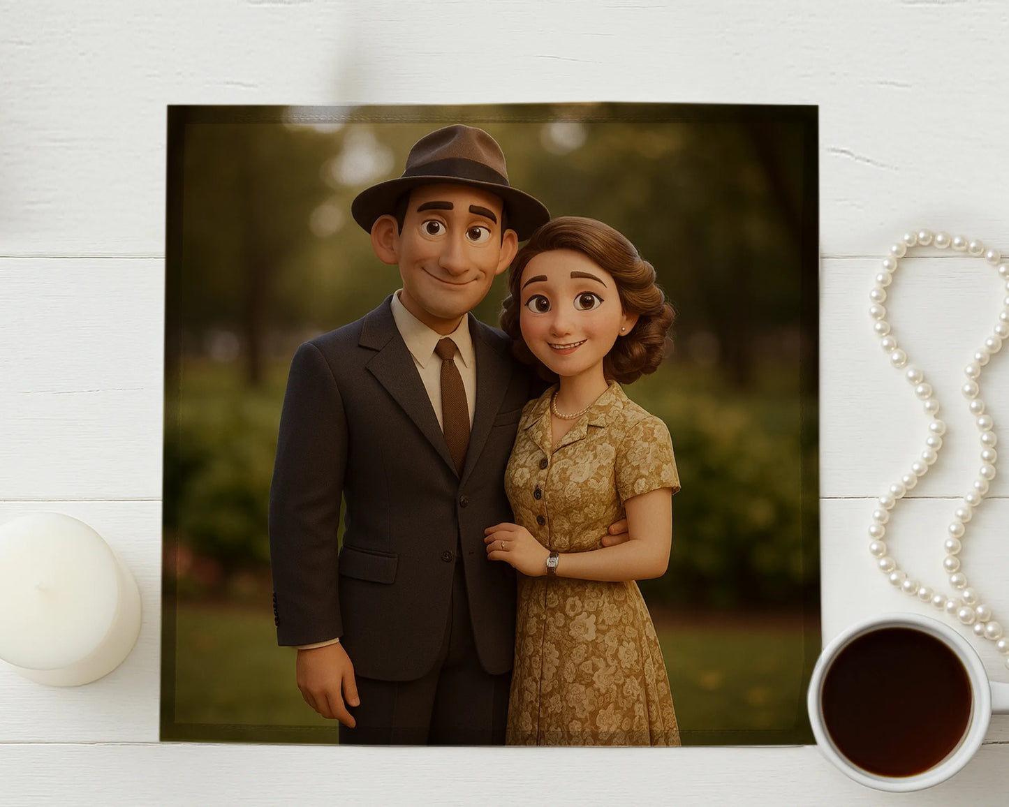 Animated couple embracing on a wooden surface with a cup of coffee and pearl necklace.