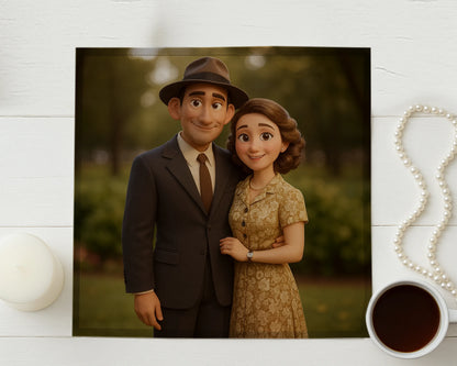 Animated couple embracing on a wooden surface with a cup of coffee and pearl necklace.