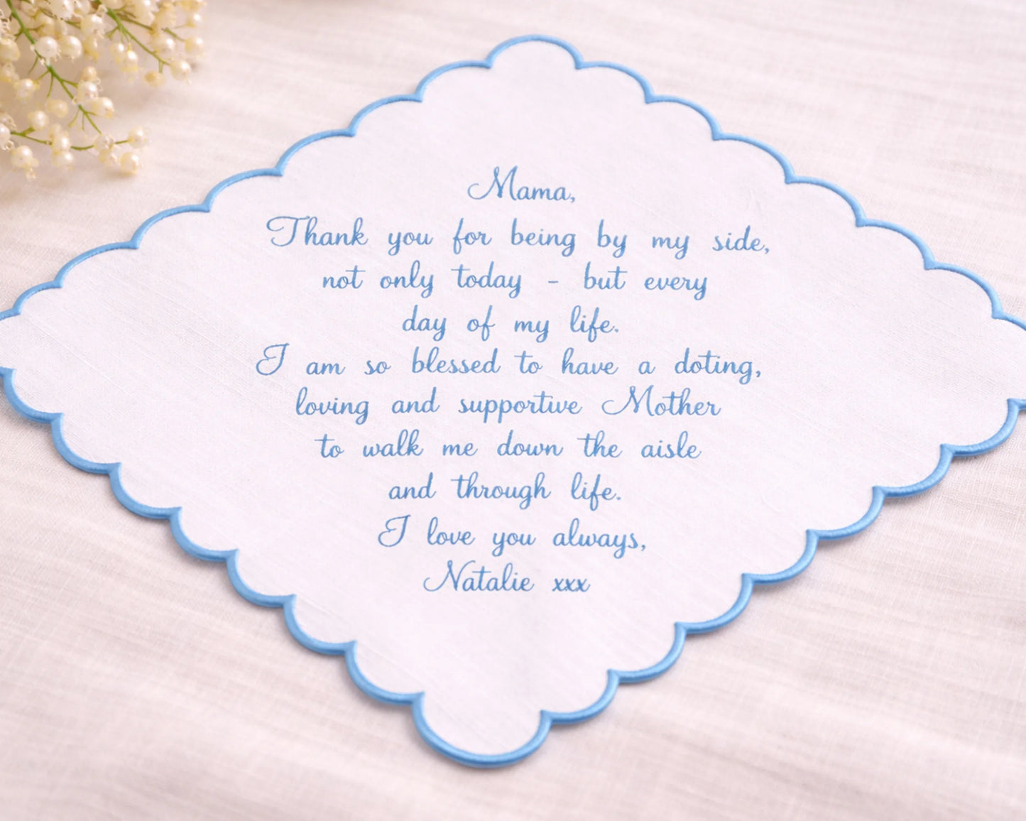 Card with blue text on a white background