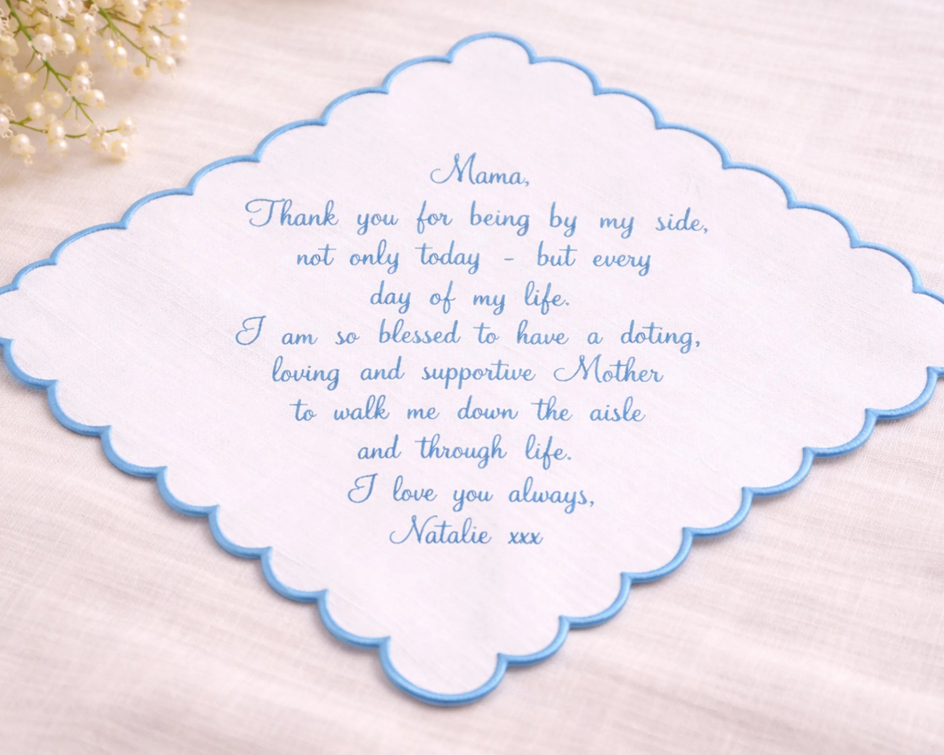 Card with blue text on a white background