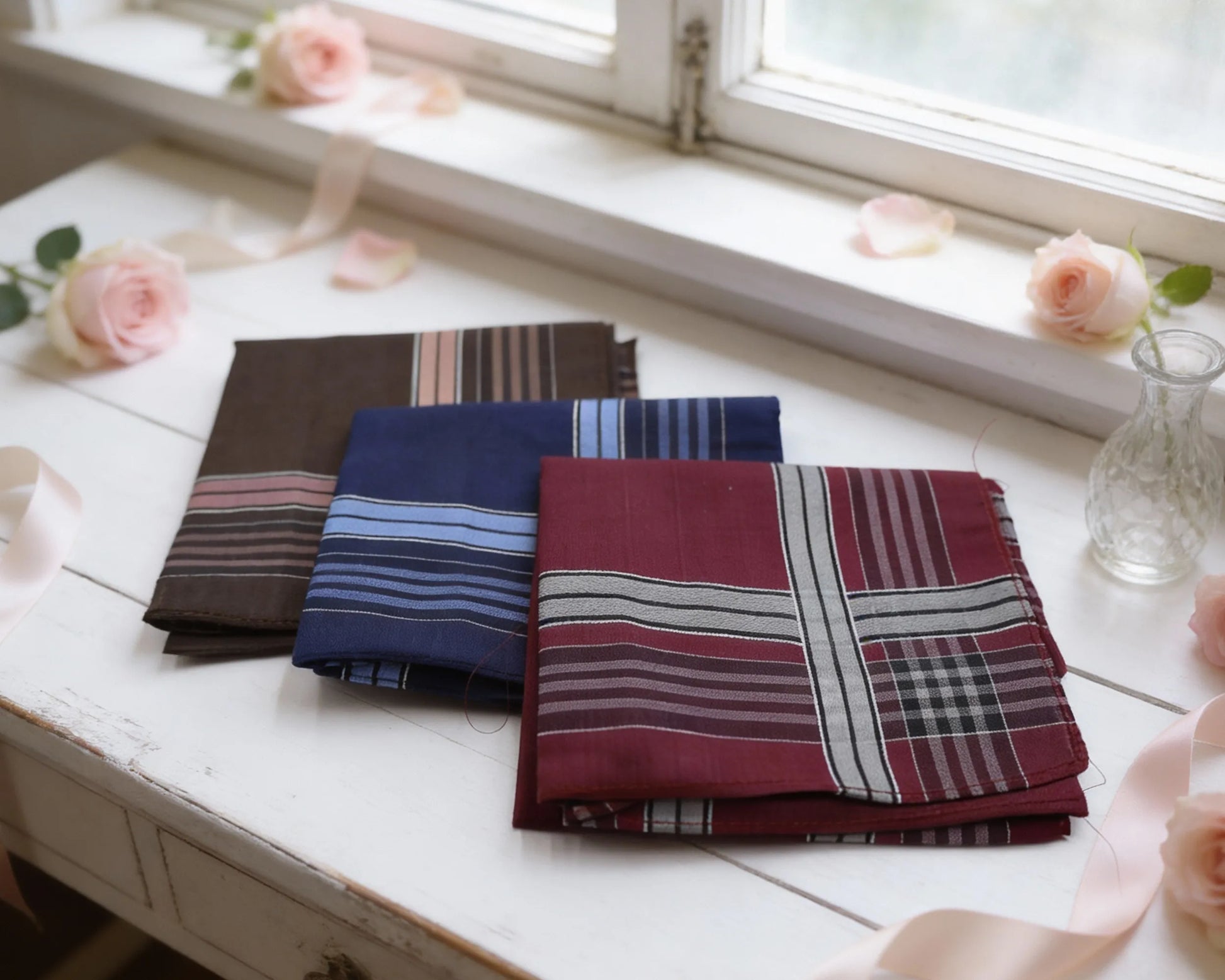 Folded fabric hanky on a white surface with flowers in the background