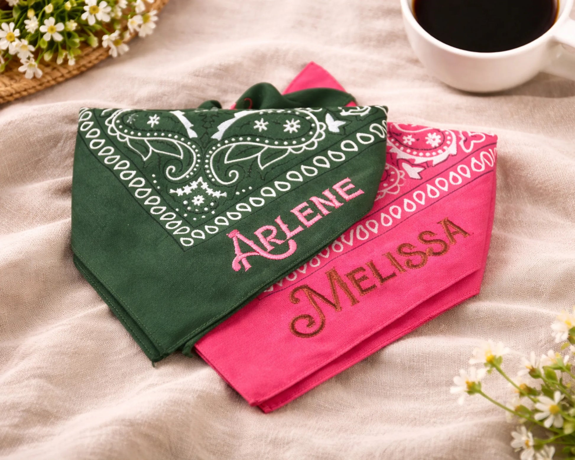 two embroidery bandanas green & pink