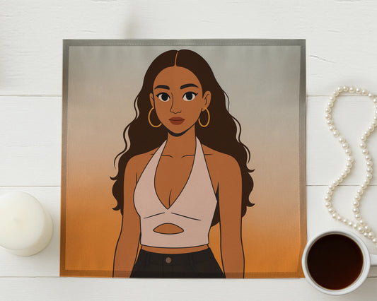 Illustration of a woman on a gradient background with a cup of coffee and necklace on a wooden surface.