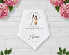 Scalloped white wedding handkerchief with a delicate watercolor floral wreath and a sentimental message for mom from Hannah.
