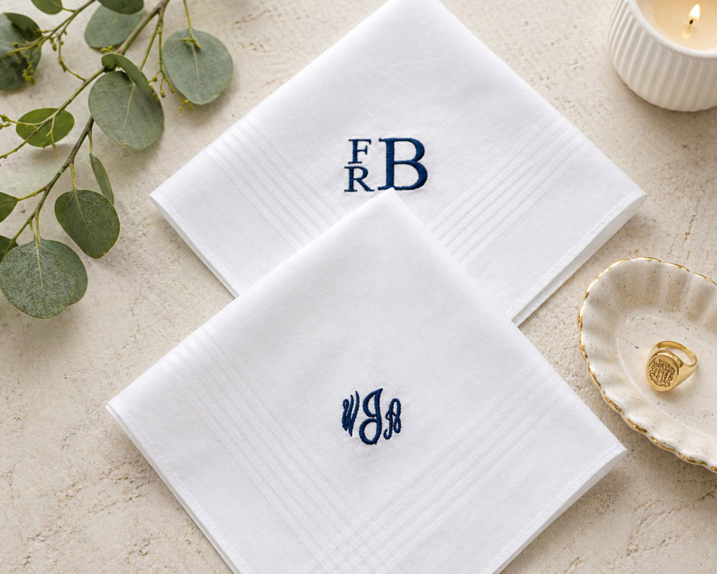 white cotton monogram hanky for groomsmen 