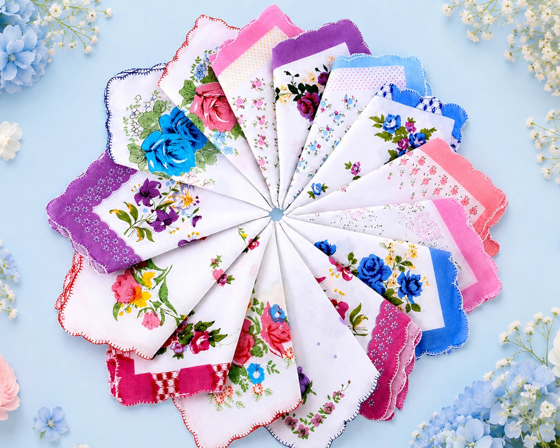 12 colorful handkerchiefs on a woven mat with flowers in the background